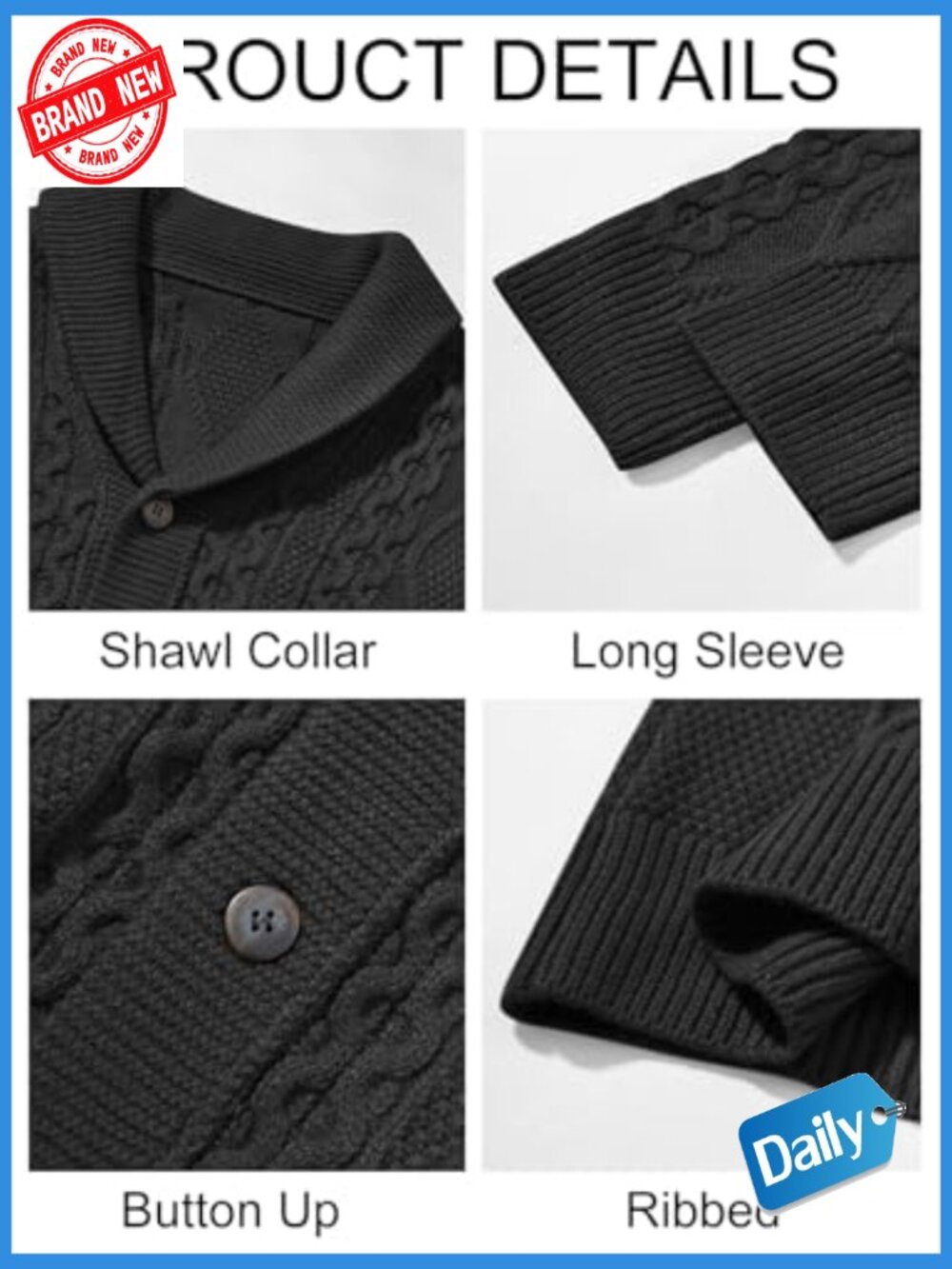 Shawl Collar Cardigan Cable Knitted Men's Fall Winter Chunky Buttons - Picture 5 of 7
